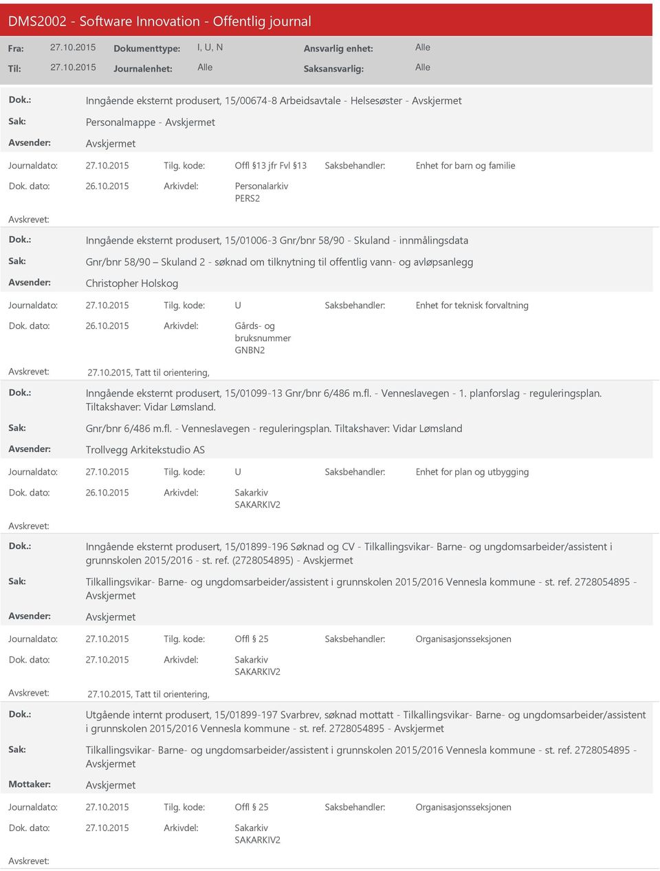 Inngående eksternt produsert, 15/01099-13 Gnr/bnr 6/486 m.fl. - Venneslavegen - 1. planforslag - reguleringsplan. Tiltakshaver: Vidar Lømsland. Gnr/bnr 6/486 m.fl. - Venneslavegen - reguleringsplan.