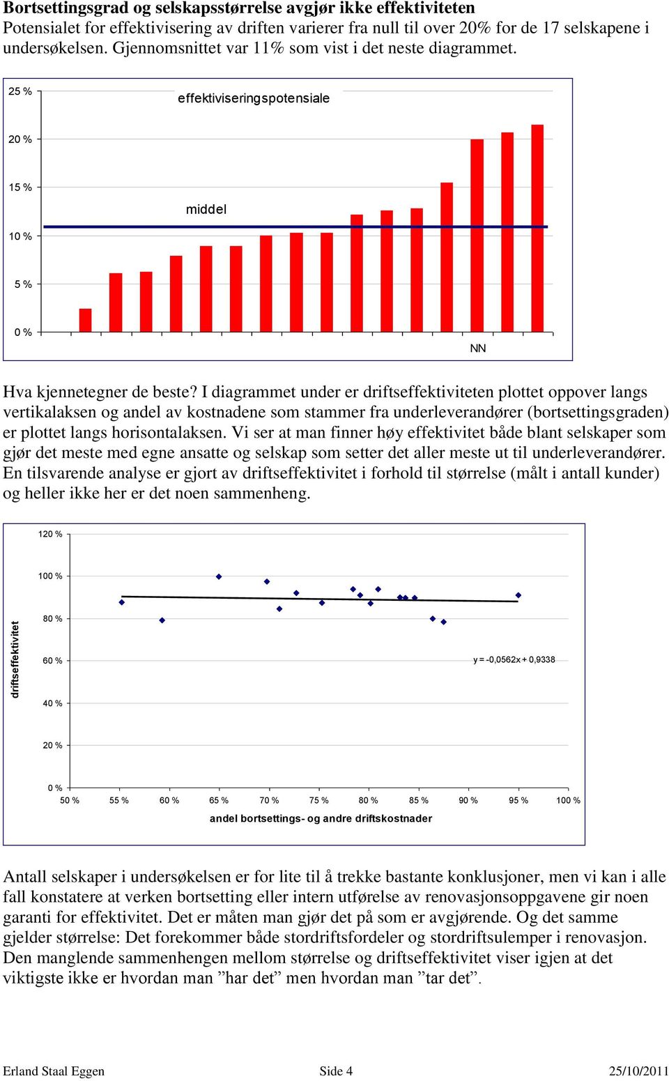 I diagrammet under er driftseffektiviteten plottet oppover langs vertikalaksen og andel av kostnadene som stammer fra underleverandører (bortsettingsgraden) er plottet langs horisontalaksen.