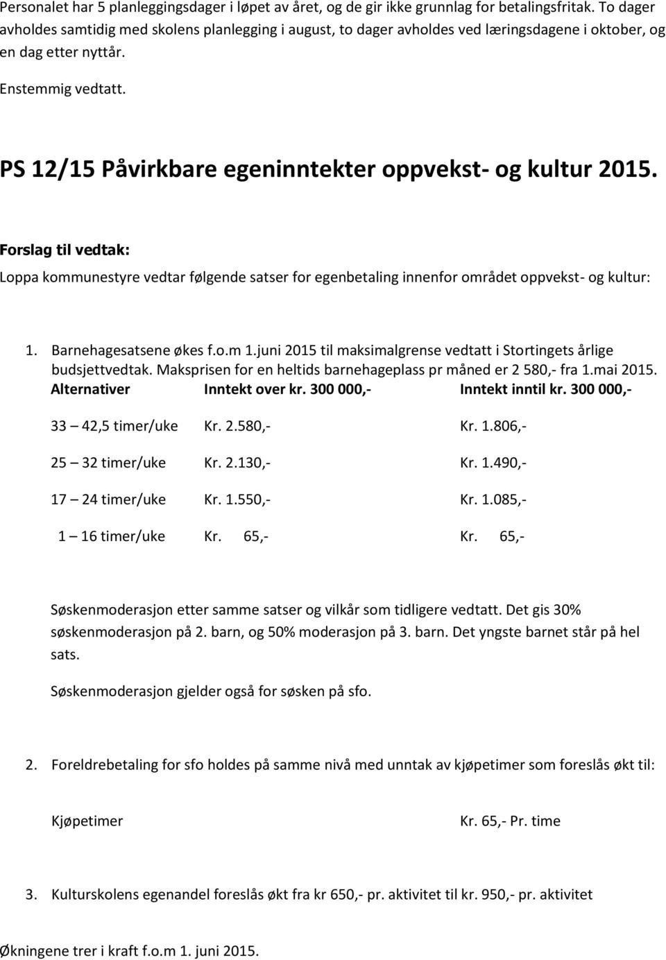 PS 12/15 Påvirkbare egeninntekter oppvekst- og kultur 2015. Forslag til vedtak: Loppa kommunestyre vedtar følgende satser for egenbetaling innenfor området oppvekst- og kultur: 1.