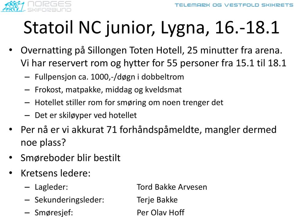 1000,-/døgn i dobbeltrom Frokost, matpakke, middag og kveldsmat Hotellet stiller rom for smøring om noen trenger det Det er