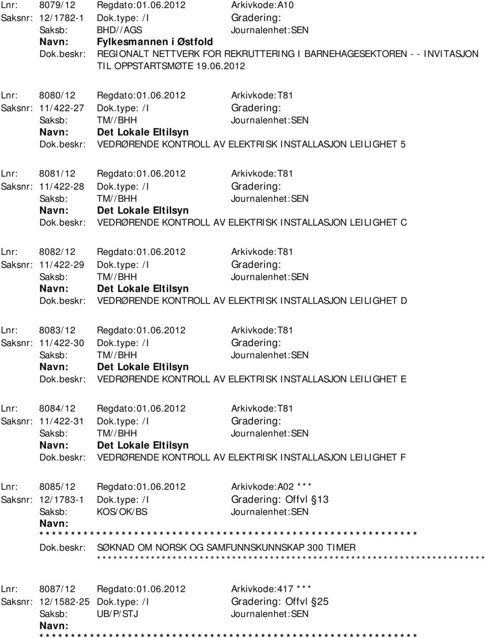 type: /I Saksb: TM//BHH Journalenhet:SEN Det Lokale Eltilsyn Dok.beskr: VEDRØRENDE KONTROLL AV ELEKTRISK INSTALLASJON LEILIGHET 5 Lnr: 8081/12 Regdato:01.06.2012 Arkivkode:T81 Saksnr: 11/422-28 Dok.