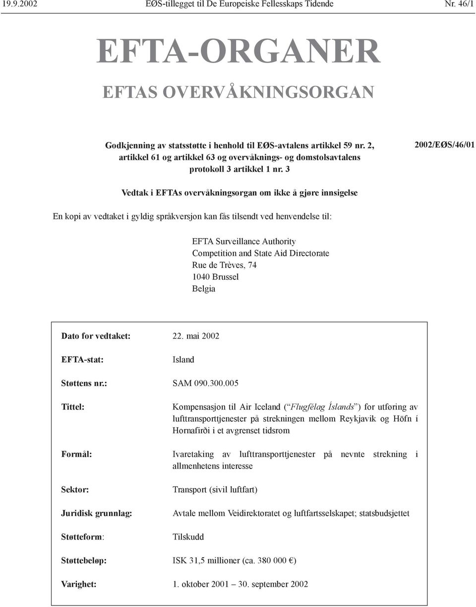 3 2002/EØS/46/01 Vedtak i EFTAs overvåkningsorgan om ikke å gjøre innsigelse En kopi av vedtaket i gyldig språkversjon kan fås tilsendt ved henvendelse til: EFTA Surveillance Authority Competition