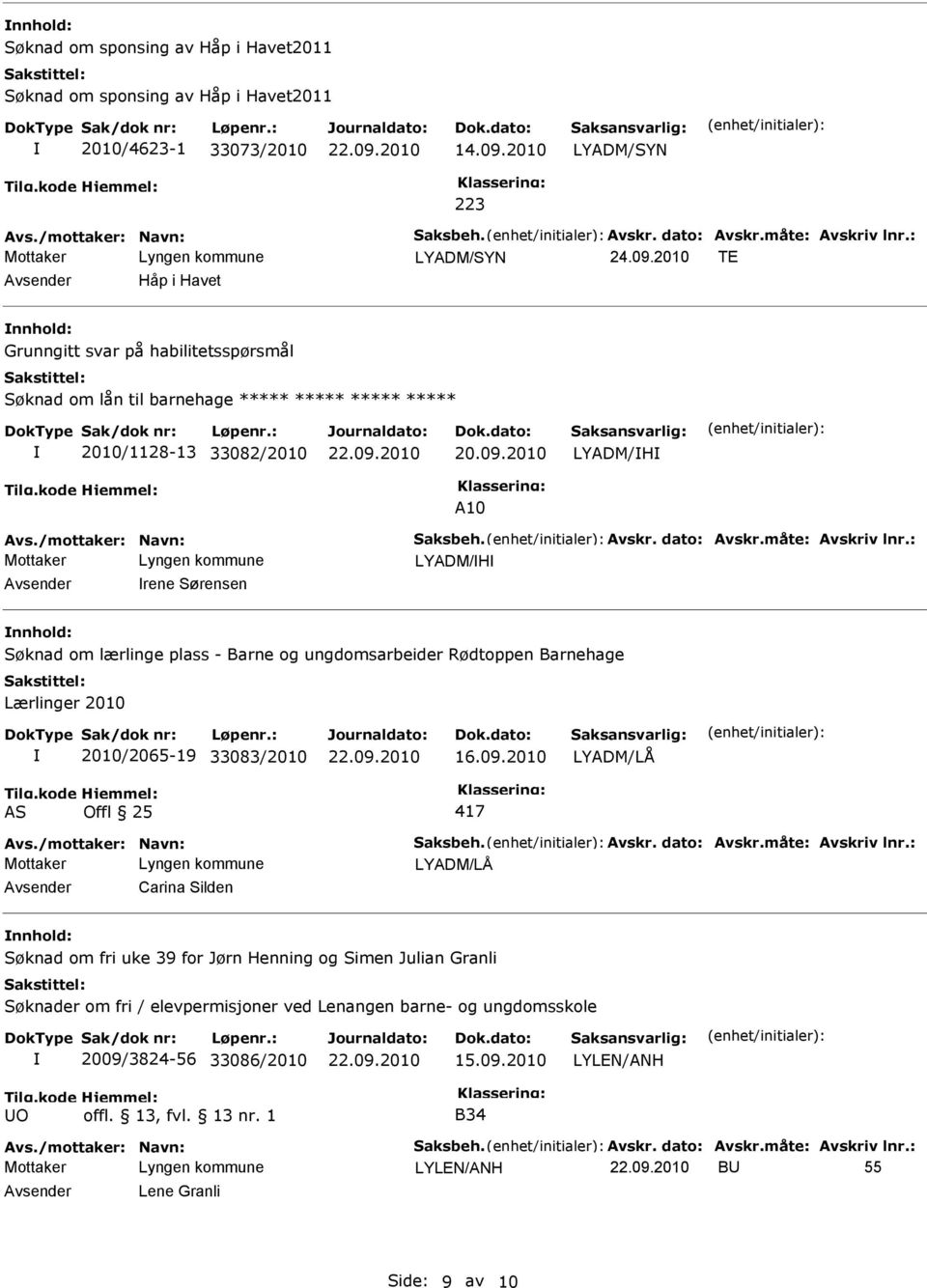 2010 TE Håp i Havet Grunngitt svar på habilitetsspørsmål Søknad om lån til barnehage 2010/1128-13 33082/2010 LYADM/H A10 LYADM/H rene Sørensen Søknad om lærlinge plass -