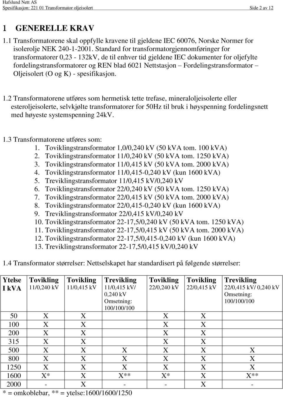 Fordelingstransformator Oljeisolert (O og K) - spesifikasjon. 1.
