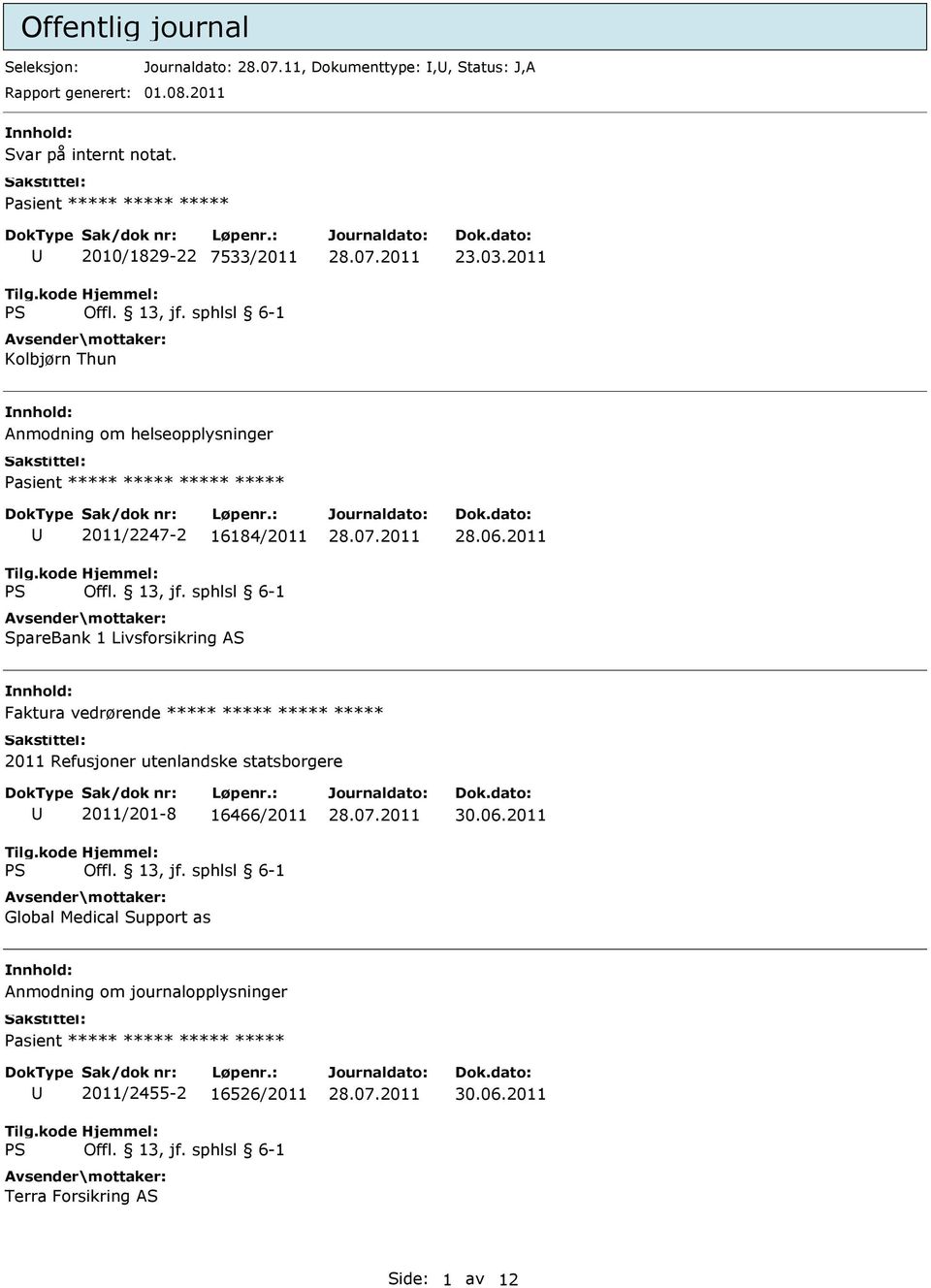 2011 Anmodning om helseopplysninger 2011/2247-2 16184/2011 SpareBank 1 Livsforsikring AS 28.06.