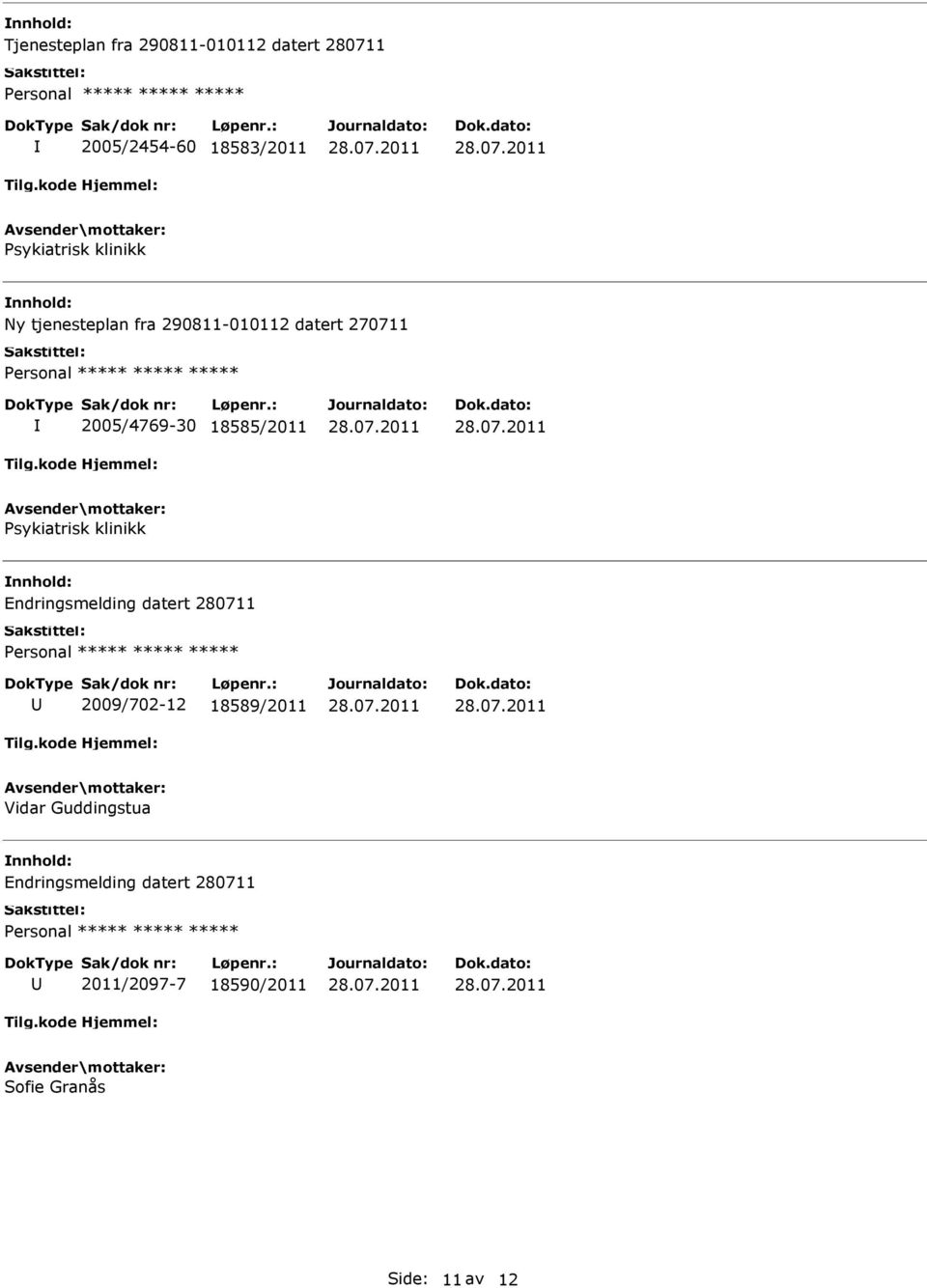 Psykiatrisk klinikk Endringsmelding datert 280711 2009/702-12 18589/2011 Vidar