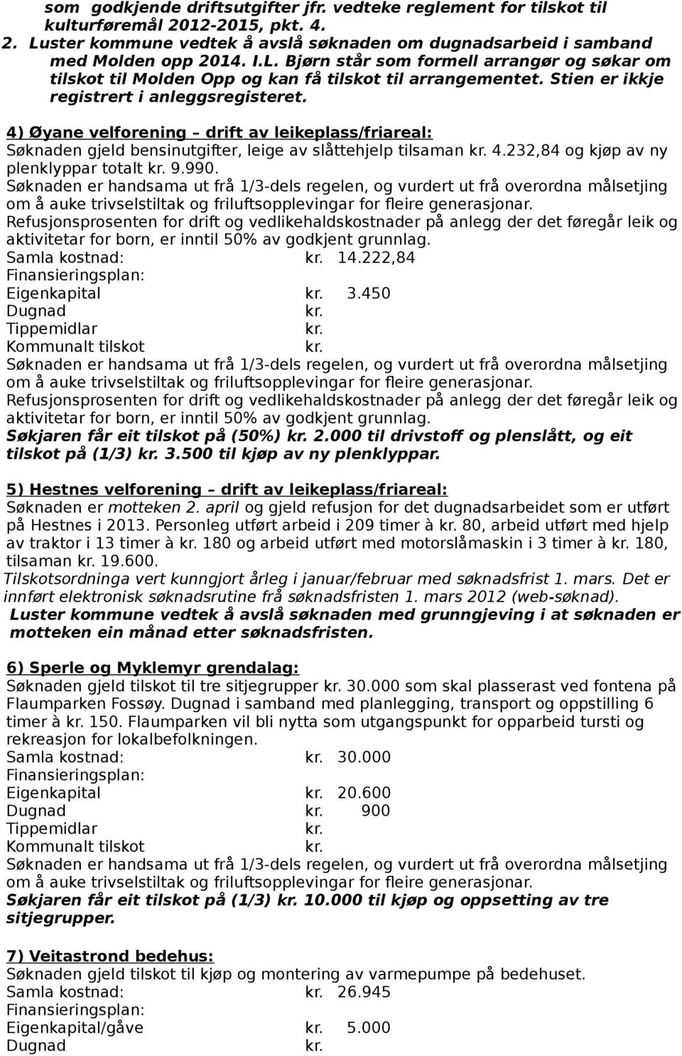 Stien er ikkje registrert i anleggsregisteret. 4) Øyane velforening drift av leikeplass/friareal: Søknaden gjeld bensinutgifter, leige av slåttehjelp tilsaman 4.