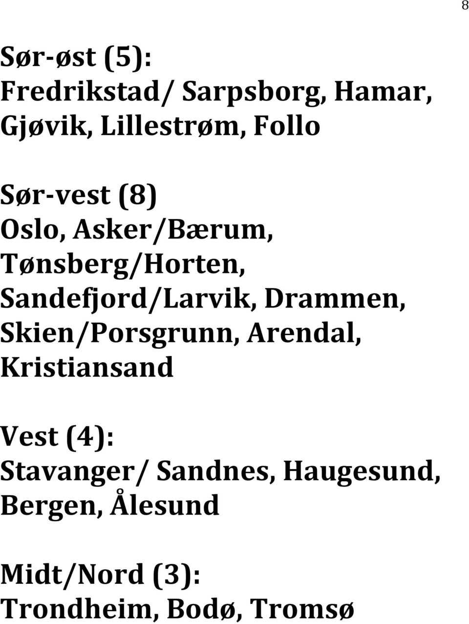 Sandefjord/Larvik, Drammen, Skien/Porsgrunn, Arendal, Kristiansand Vest