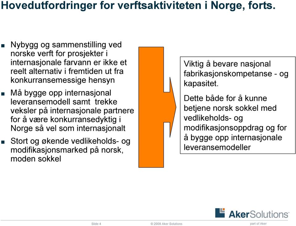 internasjonal leveransemodell samt trekke veksler på internasjonale partnere for å være konkurransedyktig i Norge så vel som internasjonalt Stort og økende vedlikeholds-