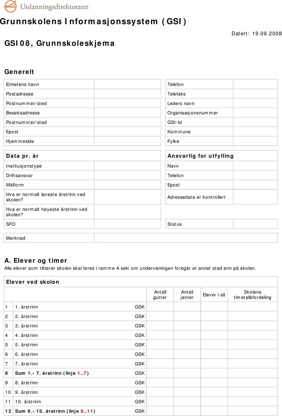 år Ansvarlig for utfylling Institusjonstype Navn Driftsansvar Telefon Målform Epost Hva er normalt laveste ved skolen? Adressedata er kontrollert Hva er normalt høyeste ved skolen?