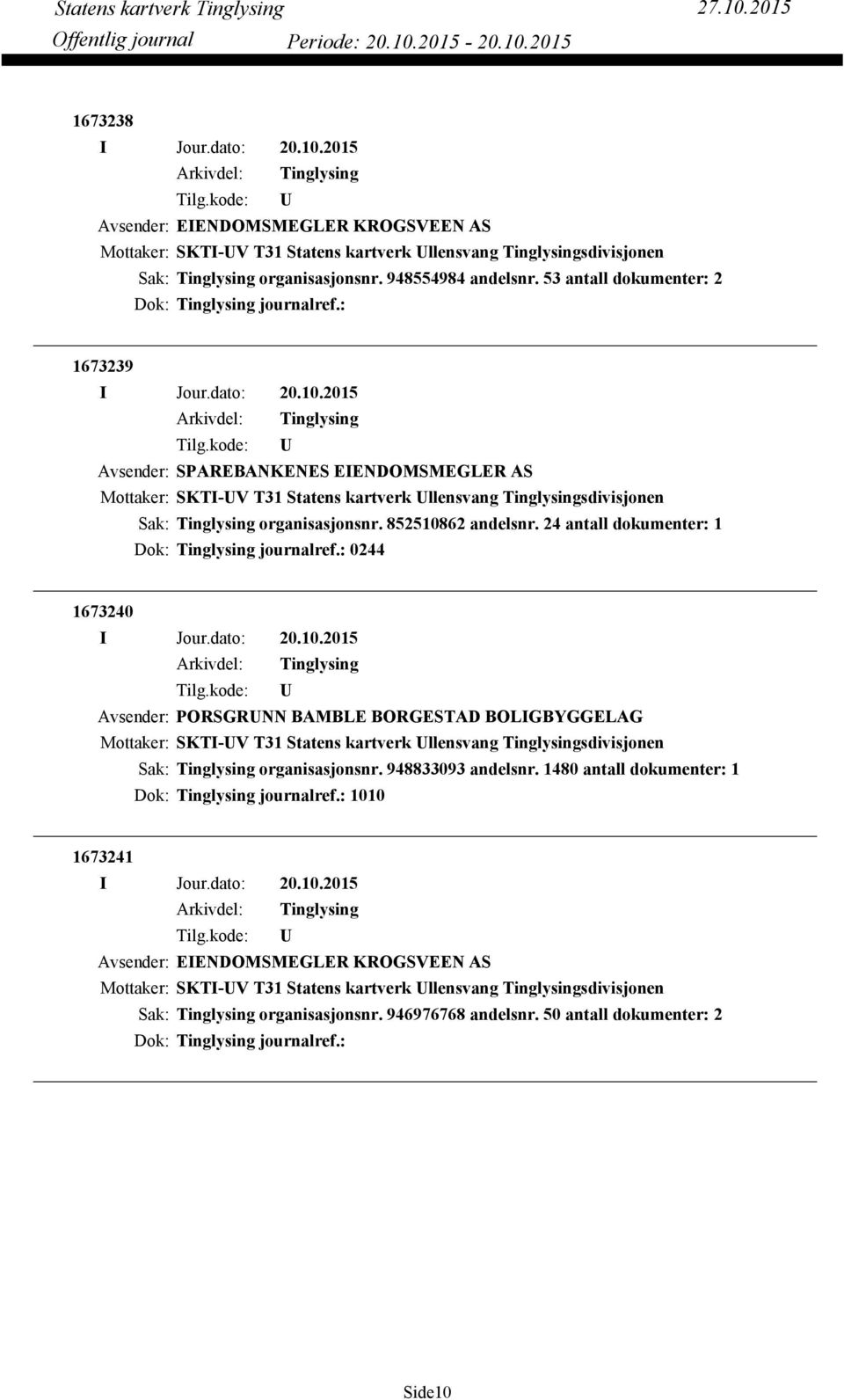 24 antall dokumenter: 1 Dok: journalref.: 0244 1673240 Avsender: PORSGRNN BAMBLE BORGESTAD BOLIGBYGGELAG Mottaker: SKTI-V T31 Statens kartverk llensvang sdivisjonen organisasjonsnr.