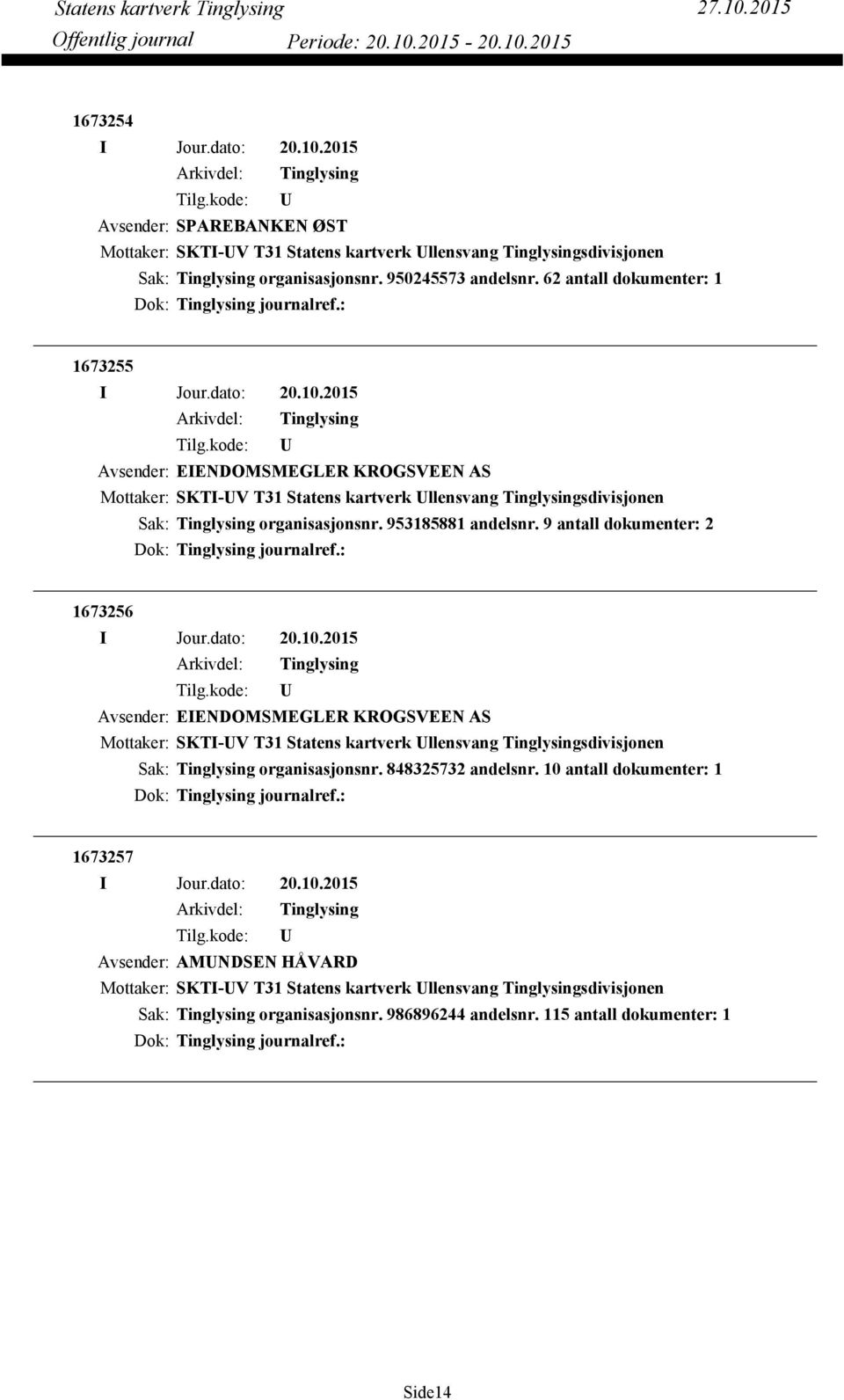 9 antall dokumenter: 2 Dok: journalref.: 1673256 Avsender: EIENDOMSMEGLER KROGSVEEN AS Mottaker: SKTI-V T31 Statens kartverk llensvang sdivisjonen organisasjonsnr. 848325732 andelsnr.