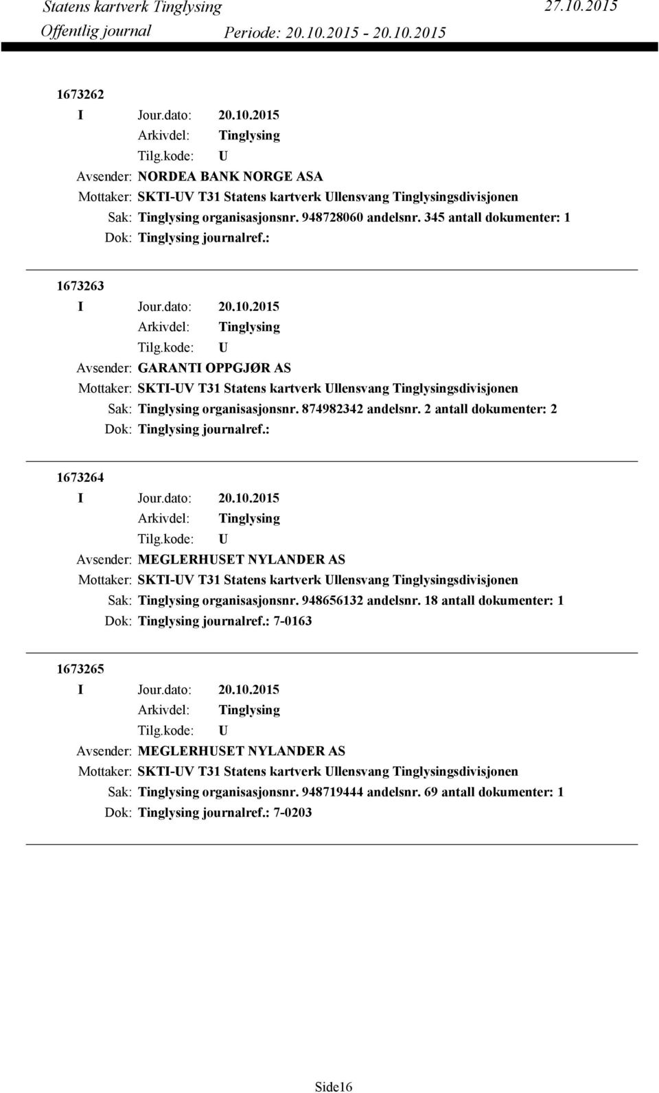 2 antall dokumenter: 2 Dok: journalref.: 1673264 Avsender: MEGLERHSET NYLANDER AS Mottaker: SKTI-V T31 Statens kartverk llensvang sdivisjonen organisasjonsnr. 948656132 andelsnr.