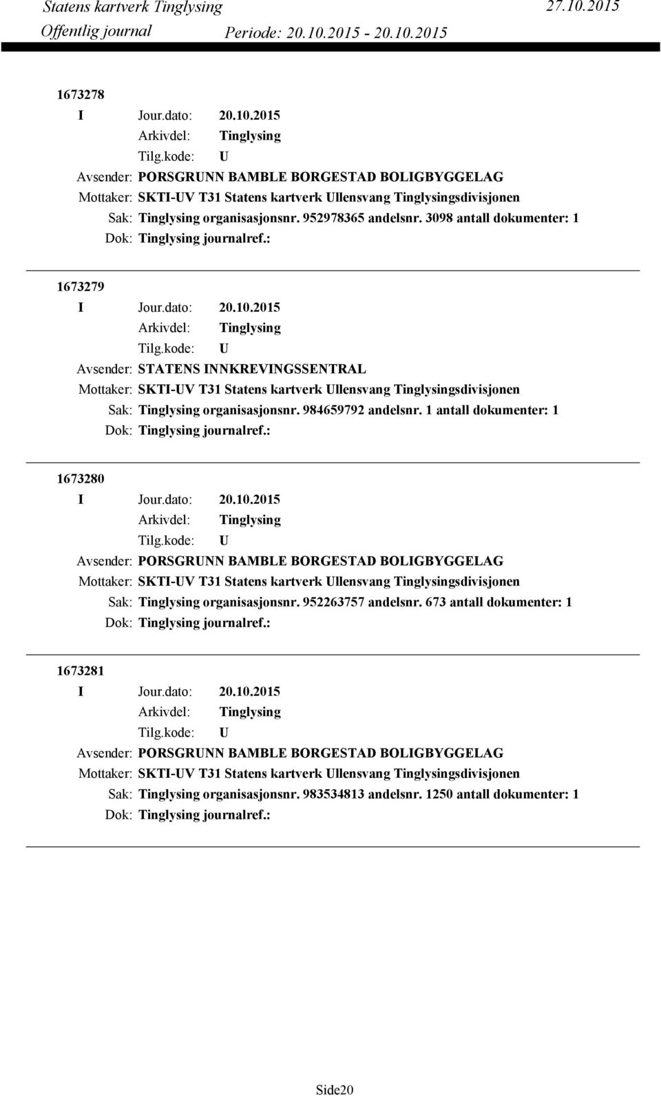 1 antall dokumenter: 1 Dok: journalref.: 1673280 Avsender: PORSGRNN BAMBLE BORGESTAD BOLIGBYGGELAG Mottaker: SKTI-V T31 Statens kartverk llensvang sdivisjonen organisasjonsnr. 952263757 andelsnr.