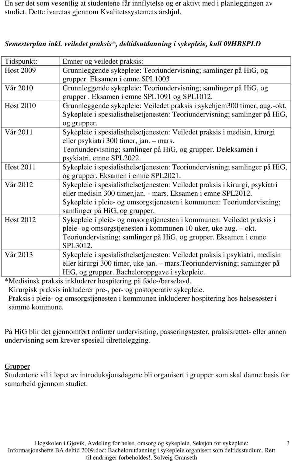 sykepleie: Teoriundervisning; samlinger på HiG, og grupper. Eksamen i emne SPL1003 Grunnleggende sykepleie: Teoriundervisning; samlinger på HiG, og grupper. Eksamen i emne SPL1091 og SPL1012.