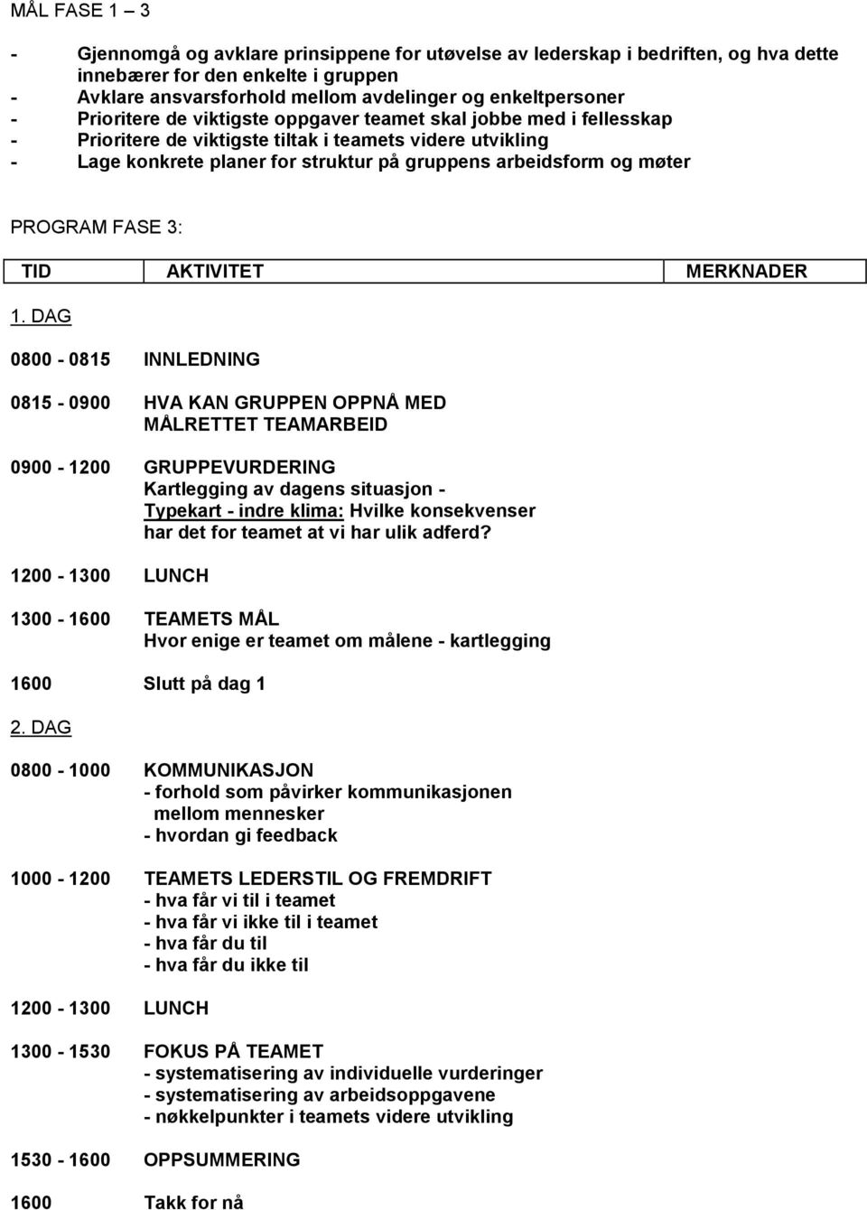 PROGRAM FASE 3: TID AKTIVITET MERKNADER 1.