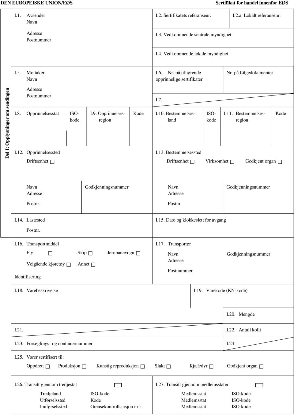 Opprinnelsesregion I.10. Bestemmelsesland ISOkode I.11. Bestemmelsesregion I.12. Opprinnelsessted Driftsenhet I.13. Bestemmelsessted Driftsenhet Virksomhet Godkjent organ I.14. Lastested I.15.