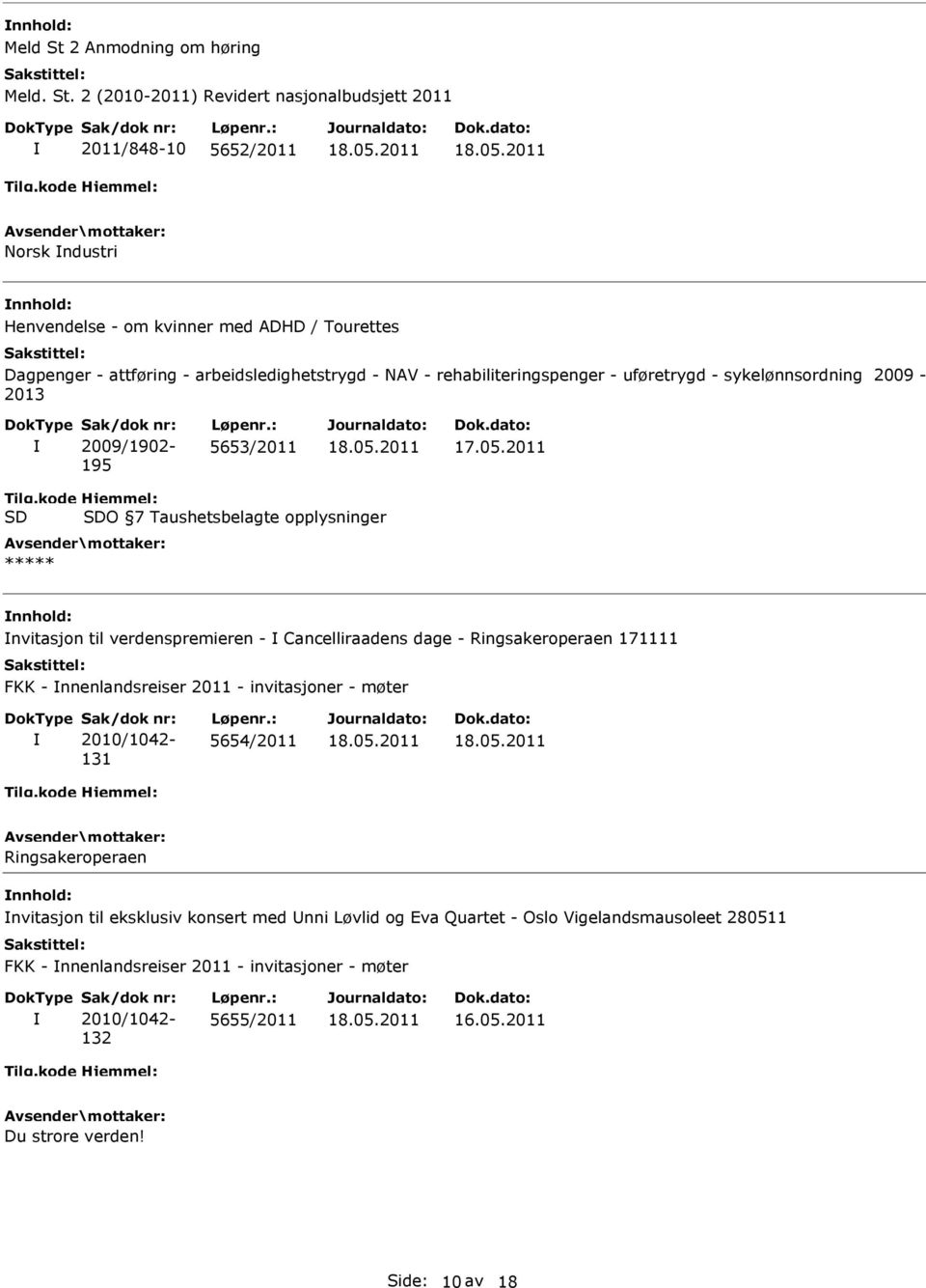 2 (2010-2011) Revidert nasjonalbudsjett 2011 2011/848-10 5652/2011 Norsk ndustri Henvendelse - om kvinner med ADHD / Tourettes Dagpenger - attføring - arbeidsledighetstrygd - NAV -