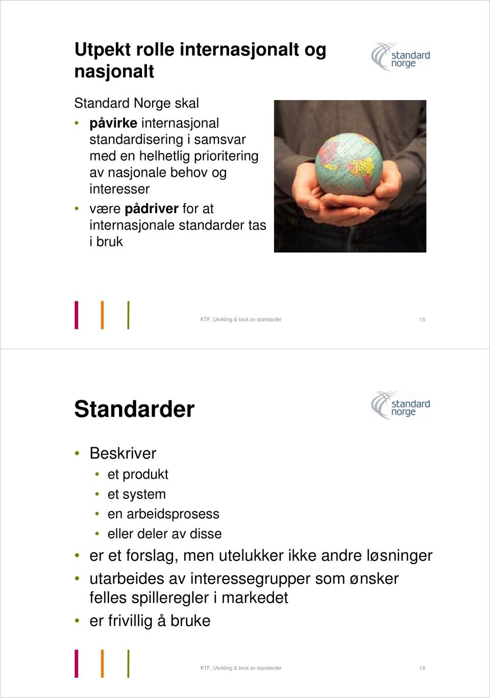 standarder 15 Standarder Beskriver et produkt et system en arbeidsprosess eller deler av disse er et forslag, men utelukker ikke andre