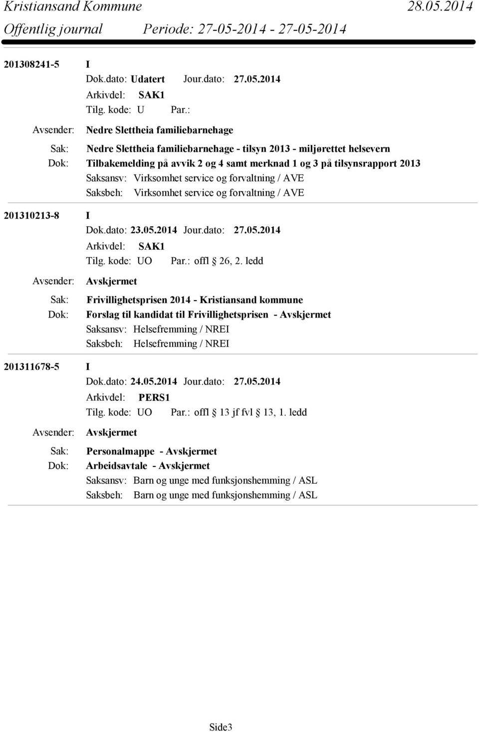 tilsynsrapport 2013 Saksansv: Virksomhet service og forvaltning / AVE Saksbeh: Virksomhet service og forvaltning / AVE 201310213-8 I O offl 26, 2.