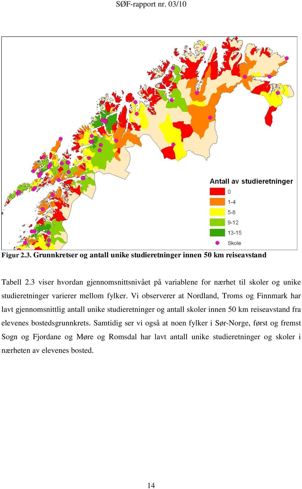 Vi observerer at Nordland, Troms og Finnmark har lavt gjennomsnittlig antall unike studieretninger og antall skoler innen 50 km reiseavstand