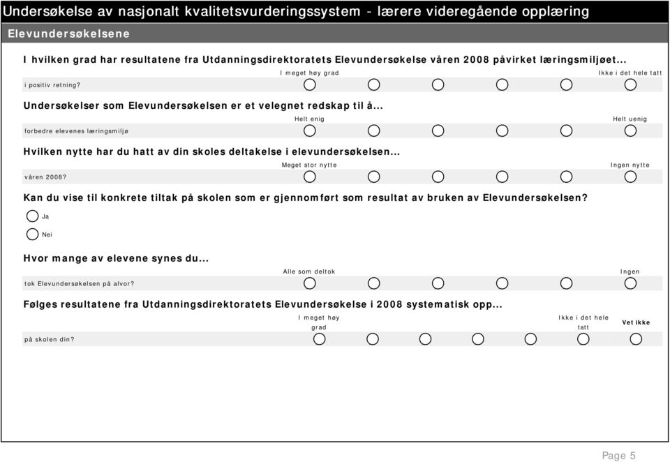 Helt enig Helt uenig forbedre elevenes læringsmiljø Meget stor nytte Ingen nytte våren 2008?