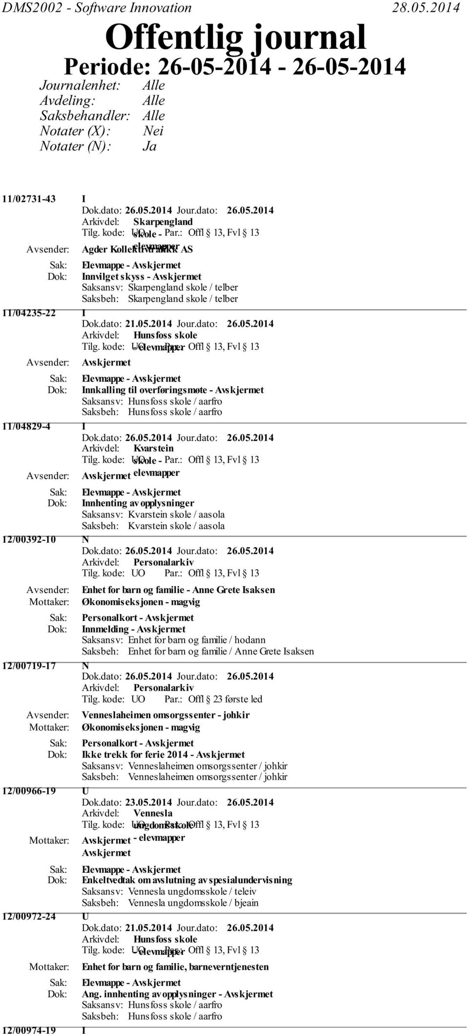 kode: UO skole - Offl 13, Fvl 13 Agder Kollektivtrafikk elevmapper AS Elevmappe - Innvilget skyss - Saksansv: Skarpengland skole / telber Saksbeh: Skarpengland skole / telber 11/04235-22 I Dok.