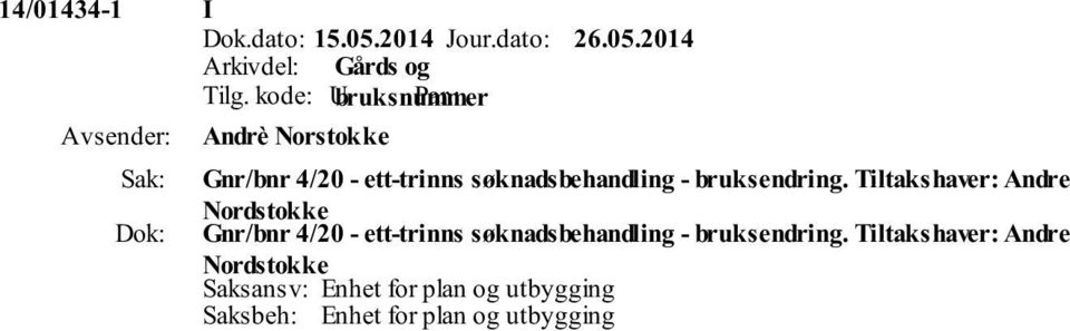 2014 Andrè Norstokke Gnr/bnr 4/20 - ett-trinns søknadsbehandling - bruksendring.