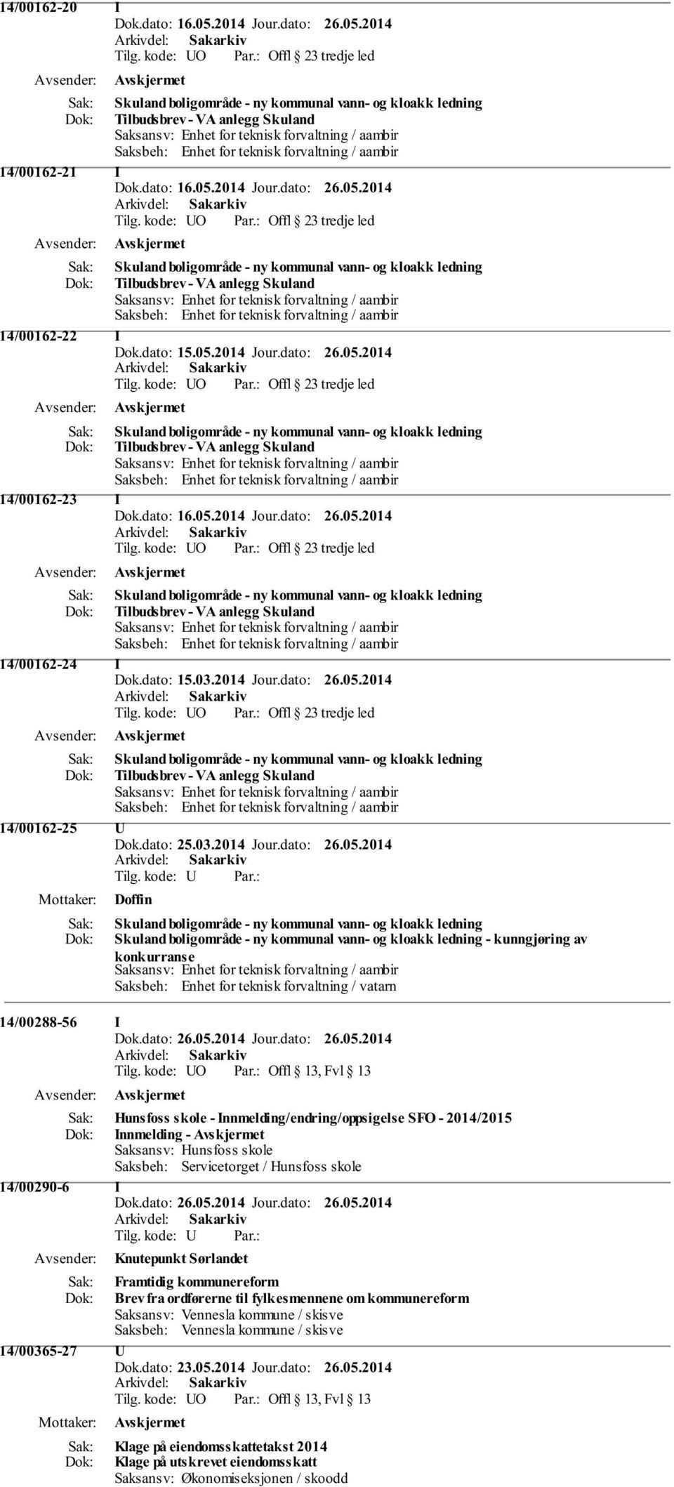 forvaltning / aambir 14/00162-21 I Dok.dato: 16.05.2014 Jour.dato: 26.05.2014 Tilg.  forvaltning / aambir 14/00162-22 I Dok.dato: 15.05.2014 Jour.dato: 26.05.2014 Tilg.  forvaltning / aambir 14/00162-23 I Dok.