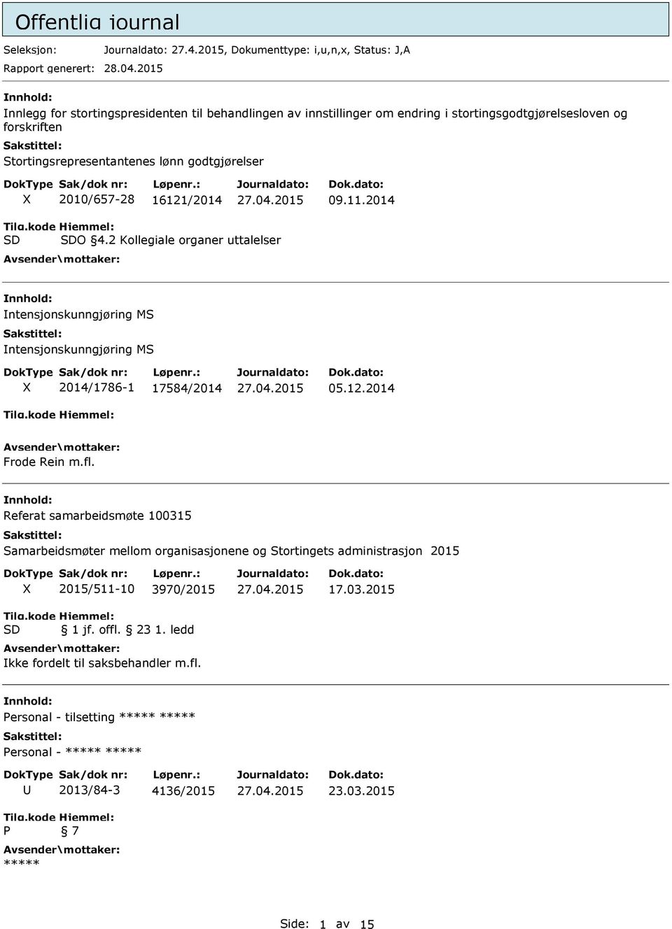 16121/2014 09.11.2014 SD SDO 4.2 Kollegiale organer uttalelser ntensjonskunngjøring MS ntensjonskunngjøring MS X 2014/1786-1 17584/2014 05.12.2014 Frode Rein m.fl.