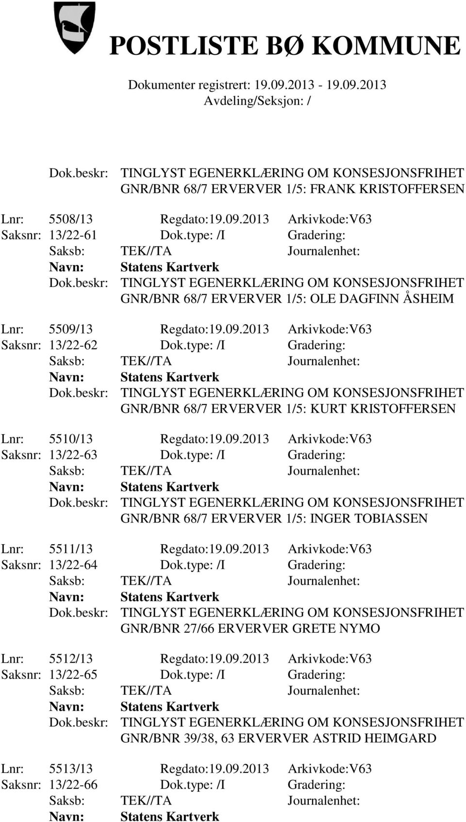 type: /I Gradering: GNR/BNR 68/7 ERVERVER 1/5: KURT KRISTOFFERSEN Lnr: 5510/13 Regdato:19.09.2013 Arkivkode:V63 Saksnr: 13/22-63 Dok.