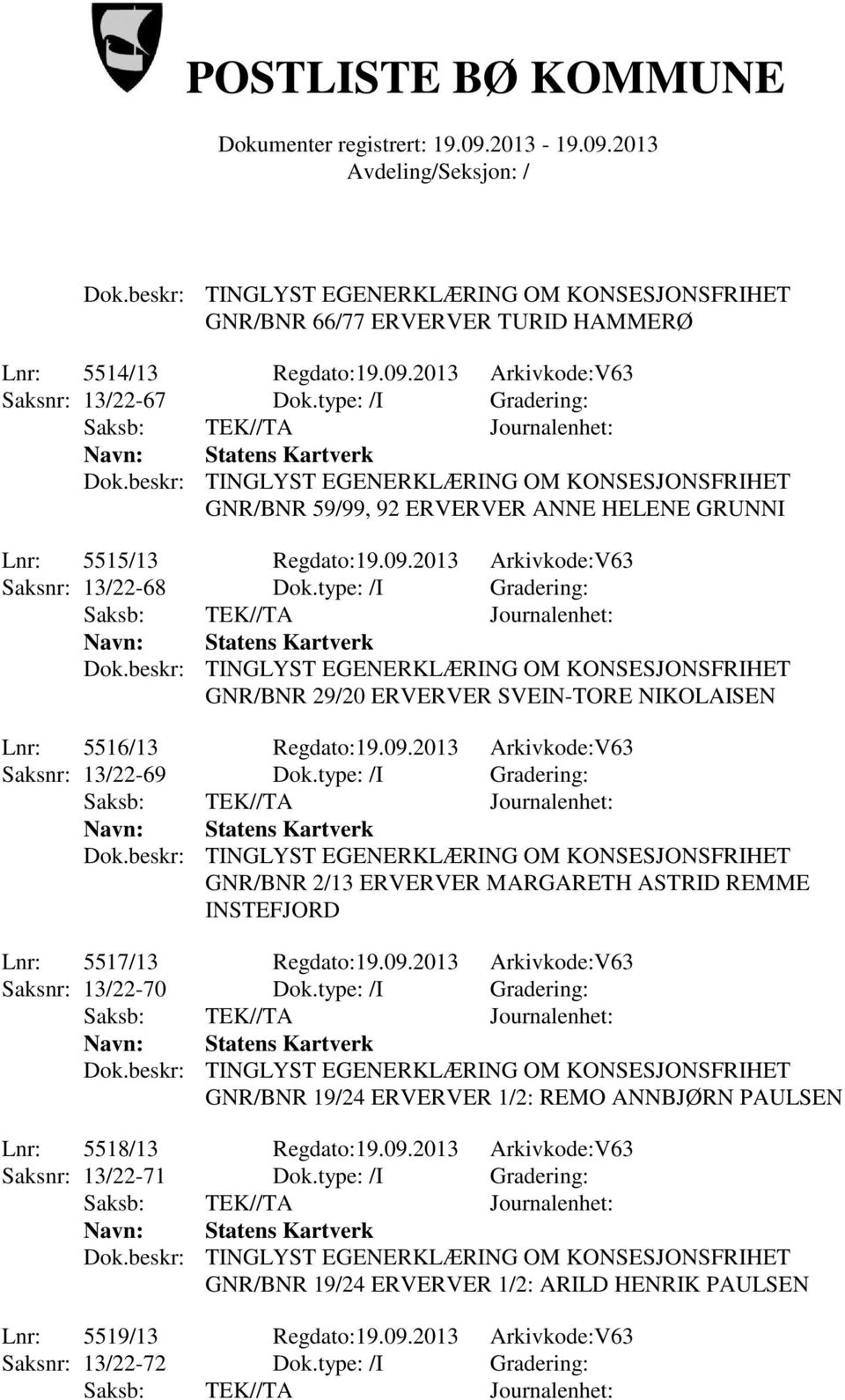 type: /I Gradering: GNR/BNR 2/13 ERVERVER MARGARETH ASTRID REMME INSTEFJORD Lnr: 5517/13 Regdato:19.09.2013 Arkivkode:V63 Saksnr: 13/22-70 Dok.