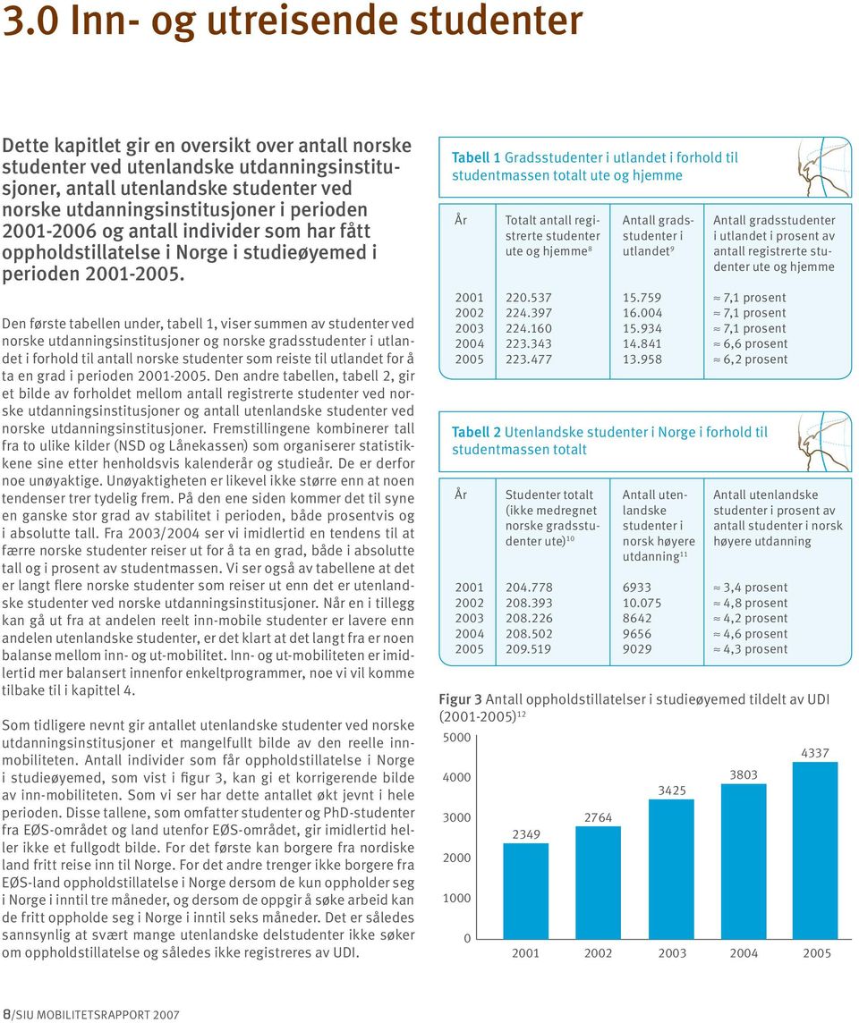 Den første tabellen under, tabell 1, viser summen av studenter ved norske utdanningsinstitusjoner og norske gradsstudenter i utlandet i forhold til antall norske studenter som reiste til utlandet for