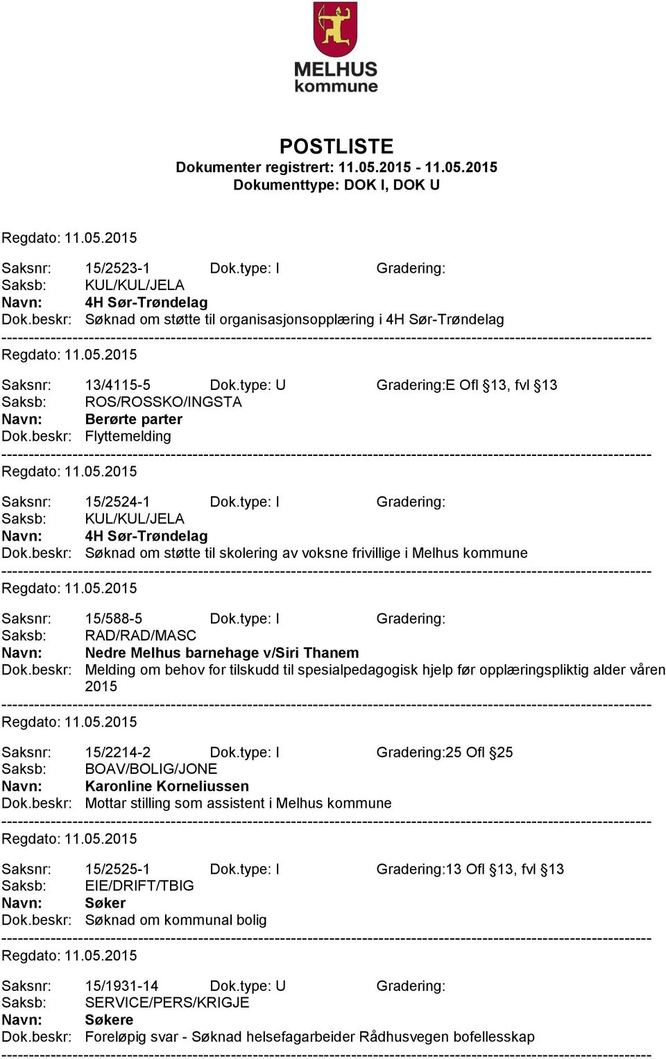 beskr: Søknad om støtte til skolering av voksne frivillige i Melhus kommune Saksnr: 15/588-5 Dok.type: I Gradering: Saksb: RAD/RAD/MASC Navn: Nedre Melhus barnehage v/siri Thanem Dok.