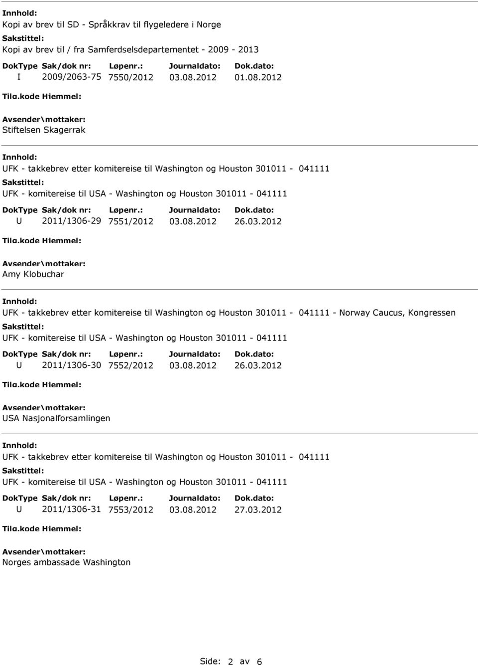 2012 Amy Klobuchar FK - takkebrev etter komitereise til Washington og Houston 301011-041111 - Norway Caucus, Kongressen FK - komitereise til SA - Washington og Houston 301011-041111 2011/1306-30