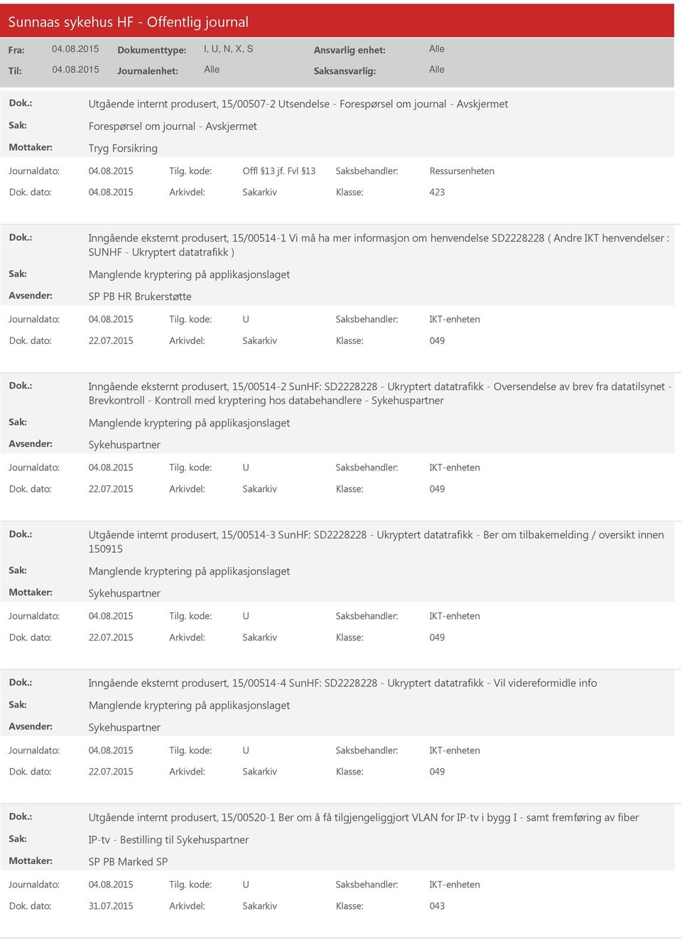 med kryptering hos databehandlere - tgående internt produsert, 15/00514-3 SunHF: SD2228228 - kryptert datatrafikk - Ber om tilbakemelding / oversikt innen 150915 Inngående eksternt produsert,