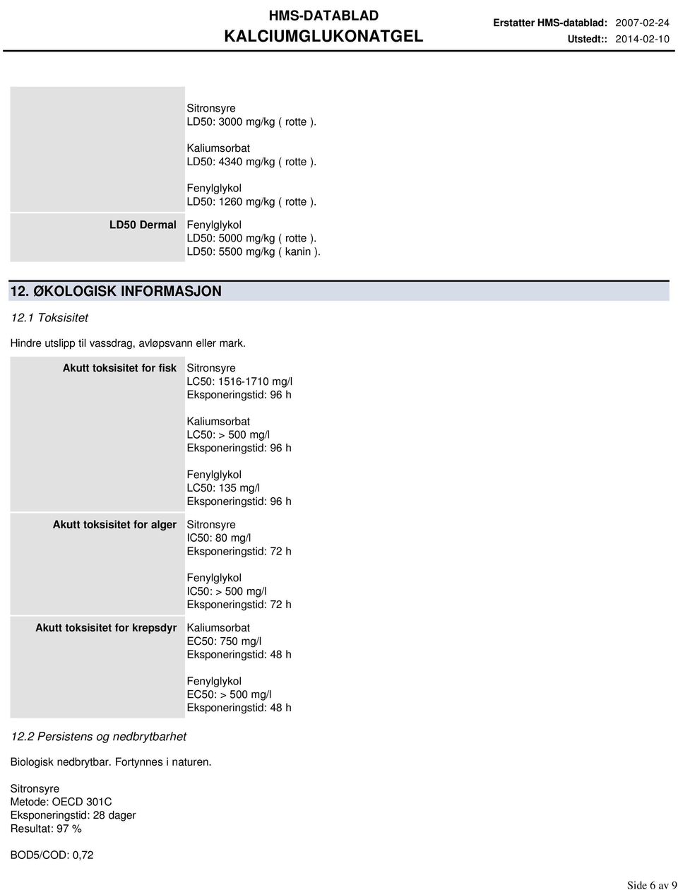 Akutt toksisitet for fisk LC50: 15161710 mg/l Eksponeringstid: 96 h Kaliumsorbat LC50: > 500 mg/l Eksponeringstid: 96 h LC50: 135 mg/l Eksponeringstid: 96 h Akutt toksisitet for alger IC50: 80 mg/l