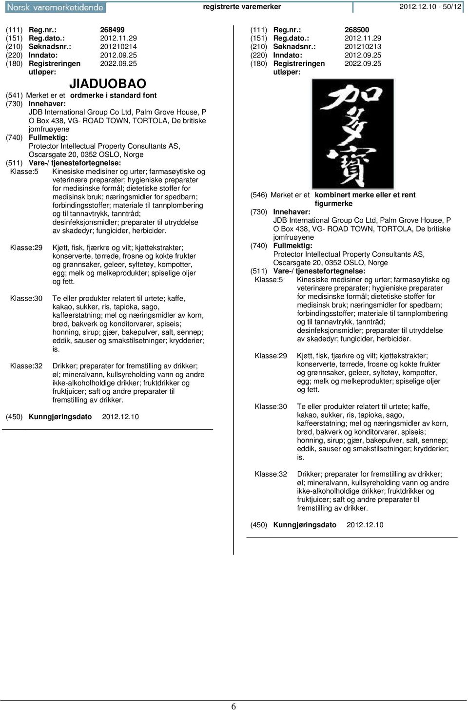 25 JIADUOBAO JDB International Group Co Ltd, Palm Grove House, P O Box 438, VG- ROAD TOWN, TORTOLA, De britiske jomfruøyene Protector Intellectual Property Consultants AS, Oscarsgate 20, 0352 OSLO,