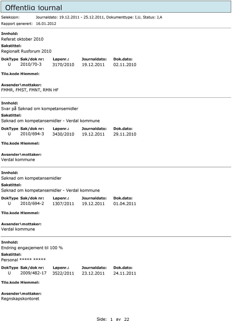 11.2010 Verdal kommune Søknad om kompetansemidler Søknad om kompetansemidler - Verdal kommune 2010/694-2 1307/2011 01.04.