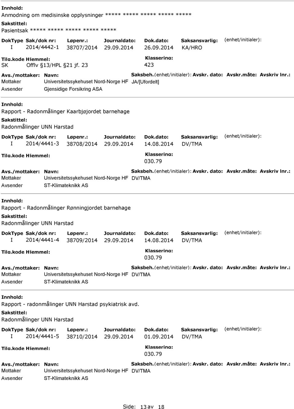 : Mottaker niversitetssykehuset Nord-Norge HF JA/[fordelt] Avsender Gjensidige Forsikring ASA nnhold: Rapport - Radonmålinger Kaarbjøjordet barnehage Radonmålinger NN Harstad 2014/4441-3 38708/2014