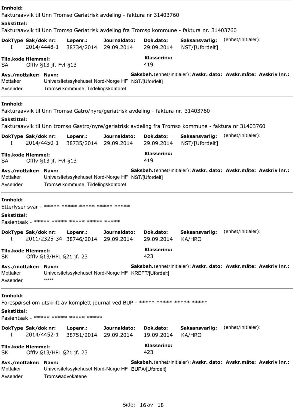 : Mottaker niversitetssykehuset Nord-Norge HF NST/[fordelt] Avsender Tromsø kommune, Tildelingskontoret nnhold: Fakturaavvik til nn Tromsø Gatro/nyre/geriatrisk avdeling - faktura nr.