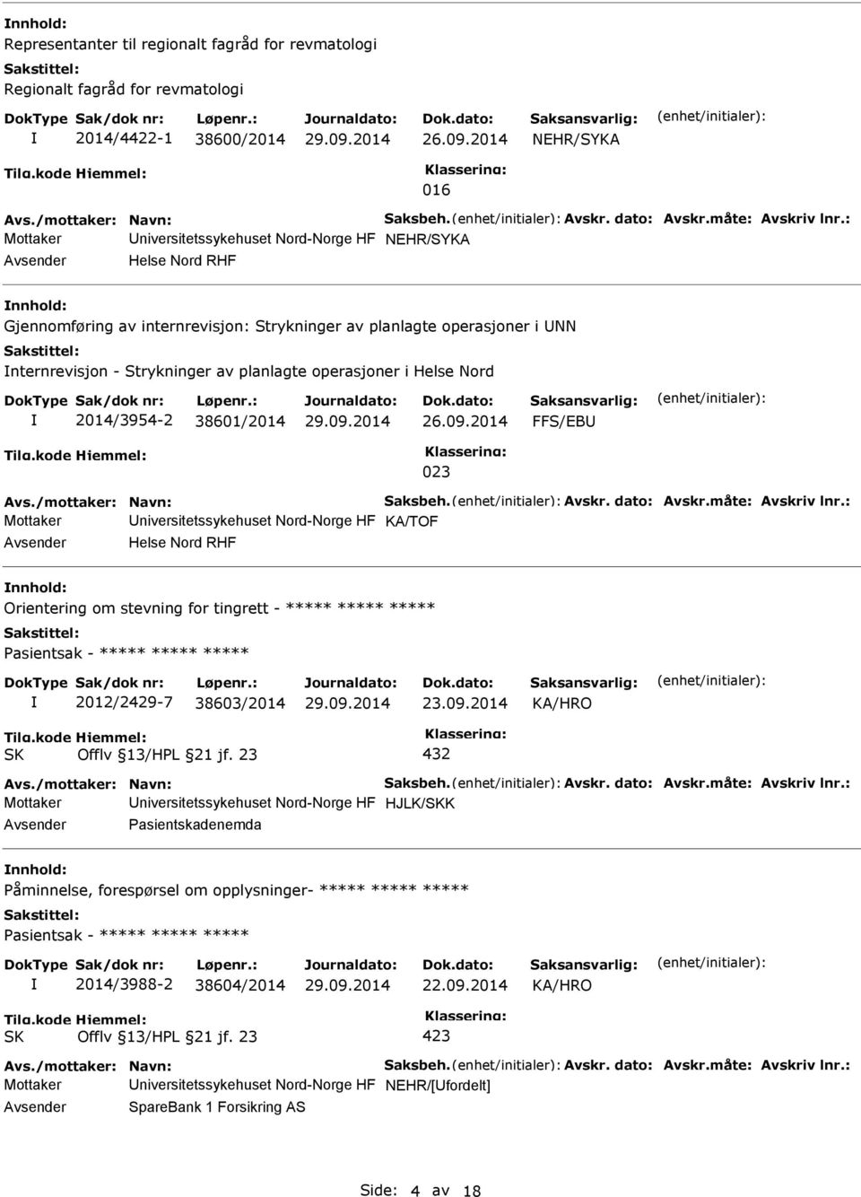 planlagte operasjoner i Helse Nord 2014/3954-2 38601/2014 FFS/EB 023 Avs./mottaker: Navn: Saksbeh. Avskr. dato: Avskr.måte: Avskriv lnr.