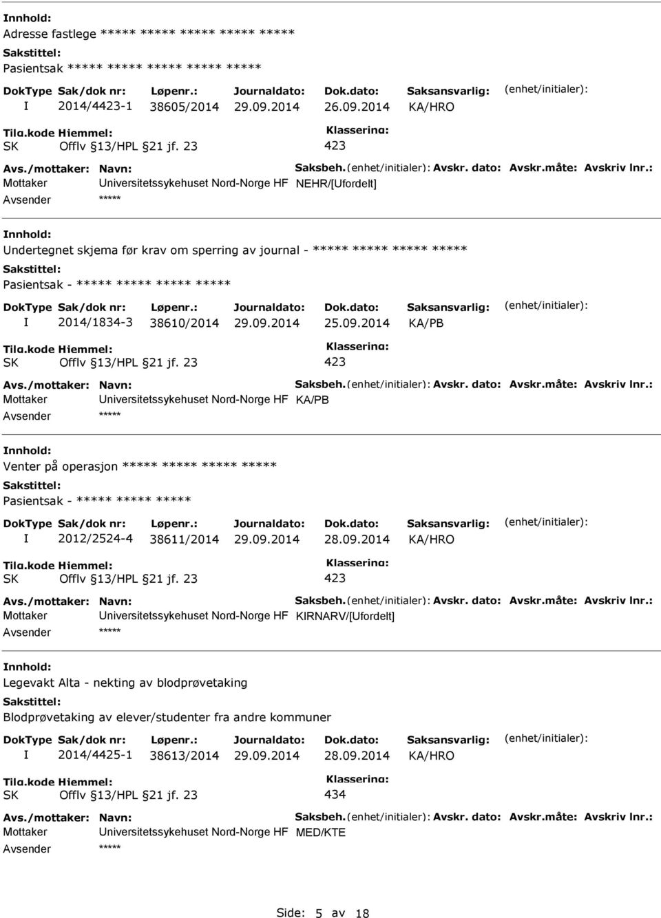 /mottaker: Navn: Saksbeh. Avskr. dato: Avskr.måte: Avskriv lnr.: Mottaker niversitetssykehuset Nord-Norge HF KA/PB nnhold: Venter på operasjon ***** ***** ***** ***** 2012/2524-4 38611/2014 28.09.