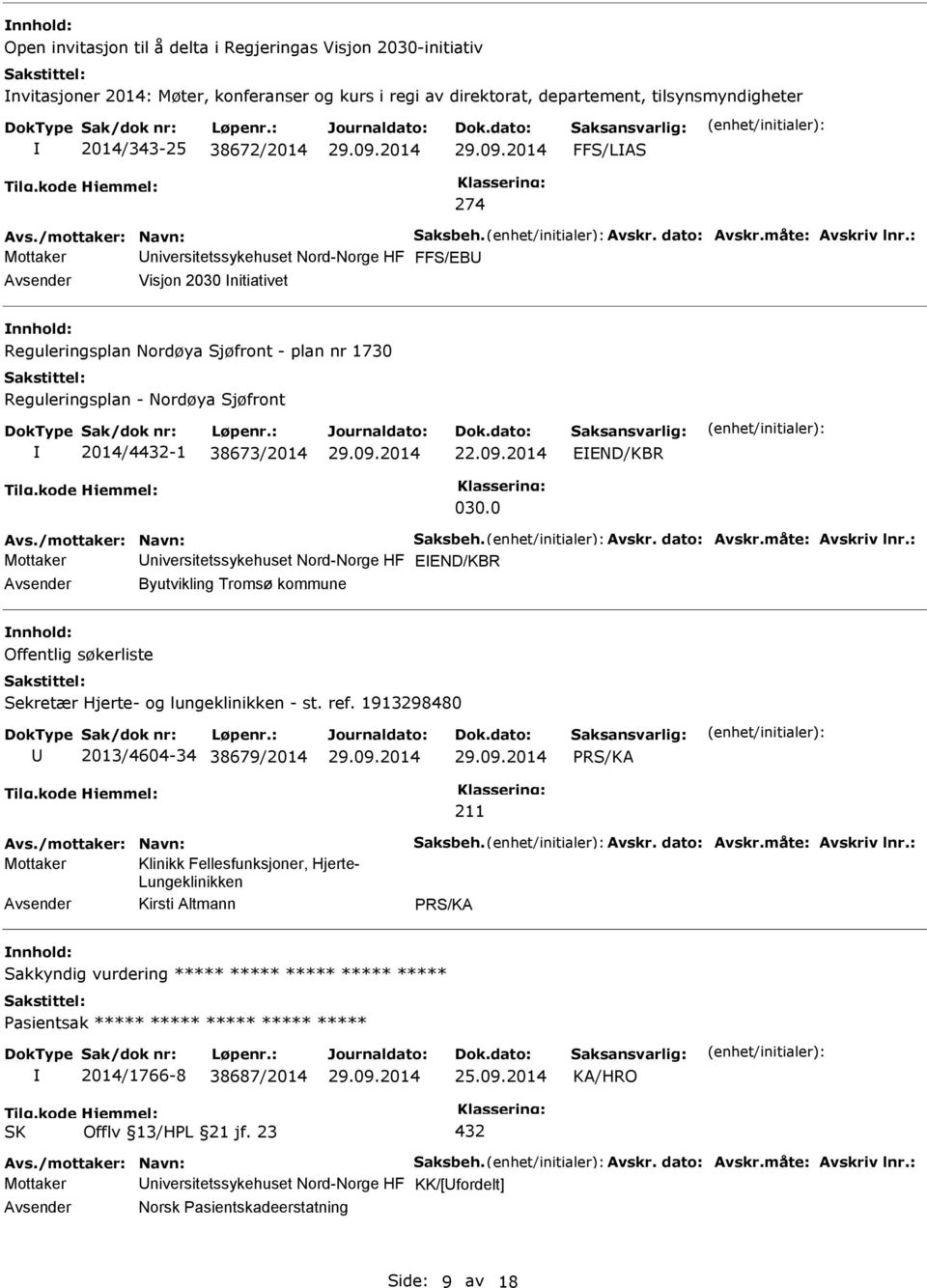 : Mottaker niversitetssykehuset Nord-Norge HF FFS/EB Avsender Visjon 2030 nitiativet nnhold: Reguleringsplan Nordøya Sjøfront - plan nr 1730 Reguleringsplan - Nordøya Sjøfront 2014/4432-1 38673/2014