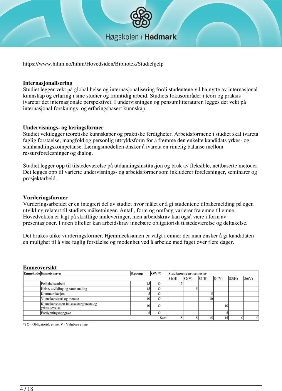 studier og framtidig arbeid. Studiets fokusområder i teori og praksis ivaretar det internasjonale perspektivet.