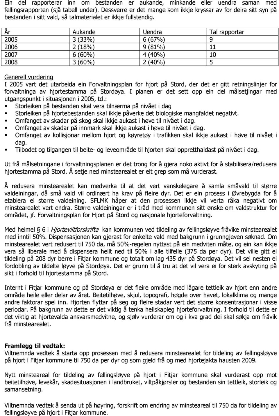 År Aukande Uendra Tal rapportar 2005 3 (33%) 6 (67%) 9 2006 2 (18%) 9 (81%) 11 2007 6 (60%) 4 (40%) 10 2008 3 (60%) 2 (40%) 5 Generell vurdering I 2005 vart det utarbeida ein Forvaltningsplan for
