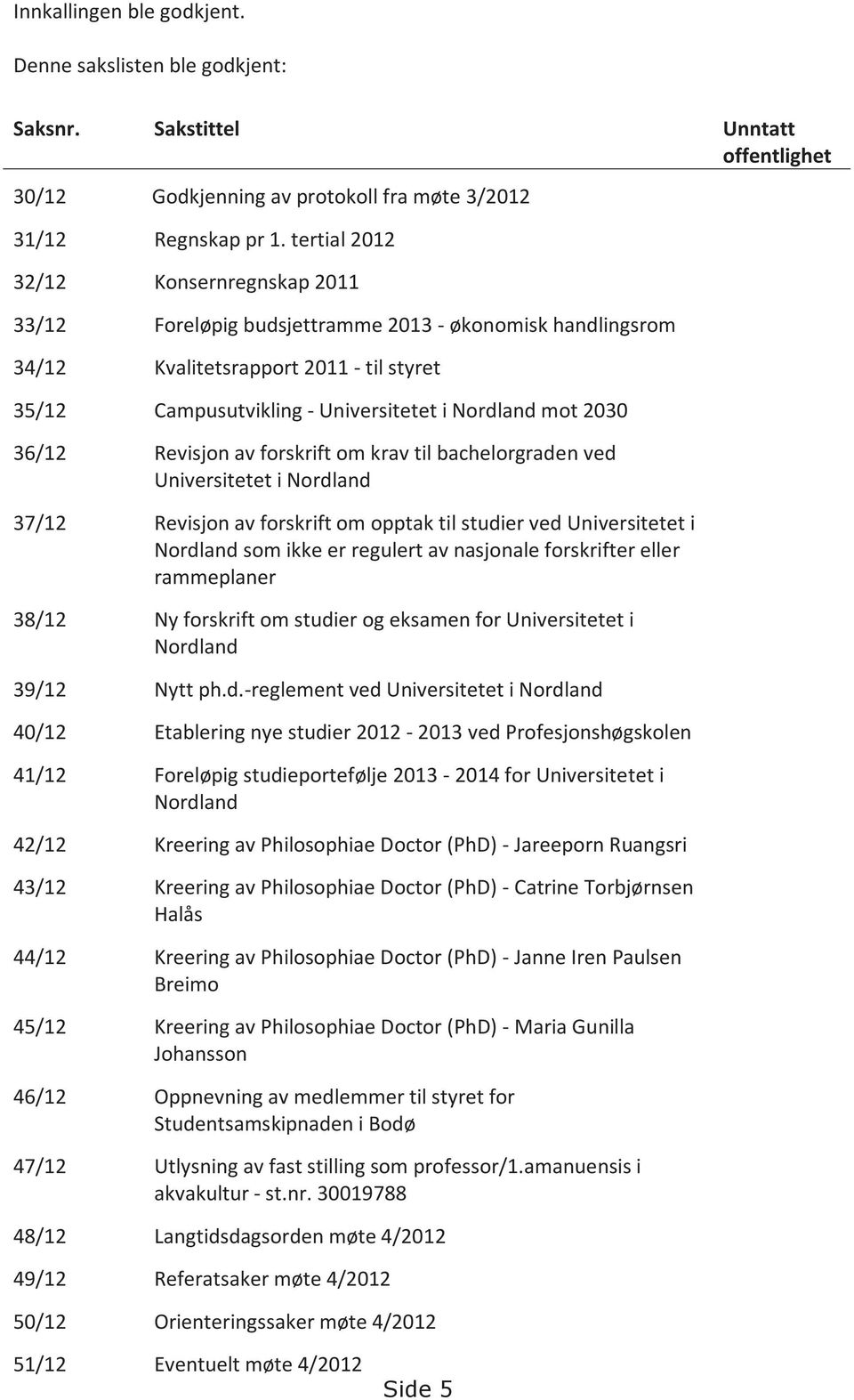 36/12 Revisjon av forskrift om krav til bachelorgraden ved Universitetet i Nordland 37/12 Revisjon av forskrift om opptak til studier ved Universitetet i Nordland som ikke er regulert av nasjonale