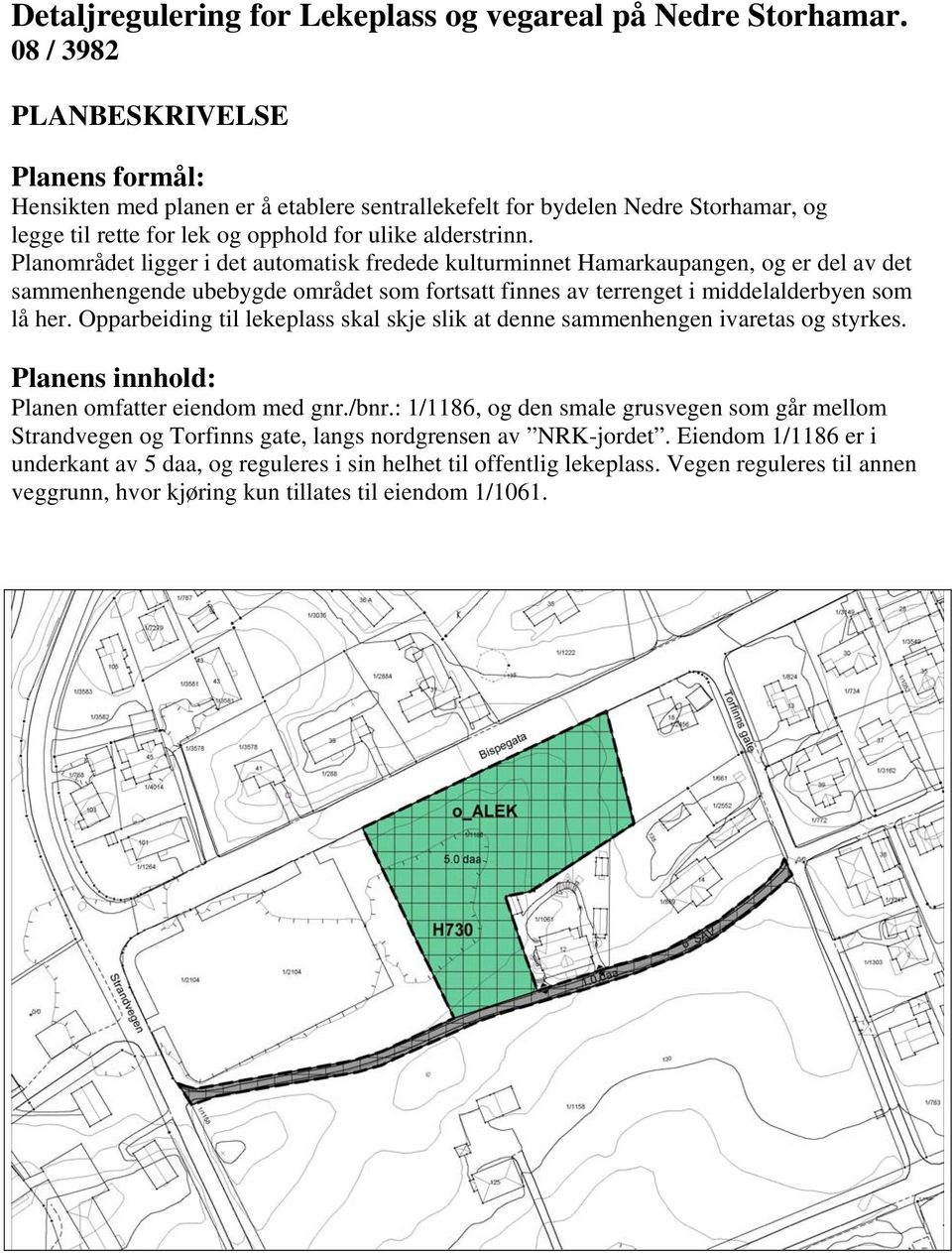 Planområdet ligger i det automatisk fredede kulturminnet Hamarkaupangen, og er del av det sammenhengende ubebygde området som fortsatt finnes av terrenget i middelalderbyen som lå her.