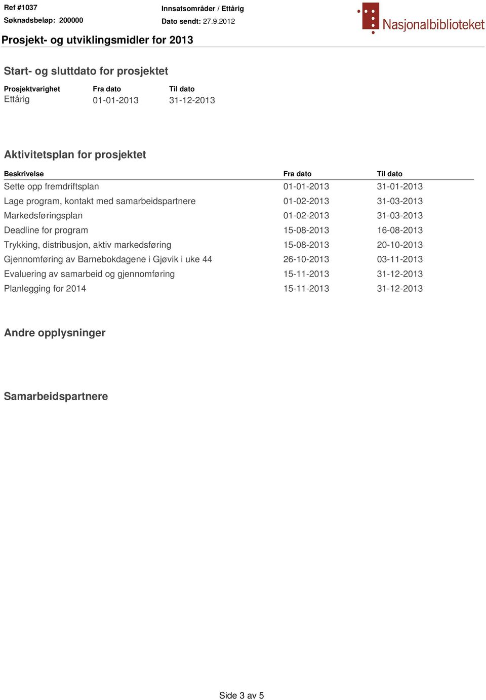 Deadline for program 15-08-2013 16-08-2013 Trykking, distribusjon, aktiv markedsføring 15-08-2013 20-10-2013 Gjennomføring av Barnebokdagene i i uke 44