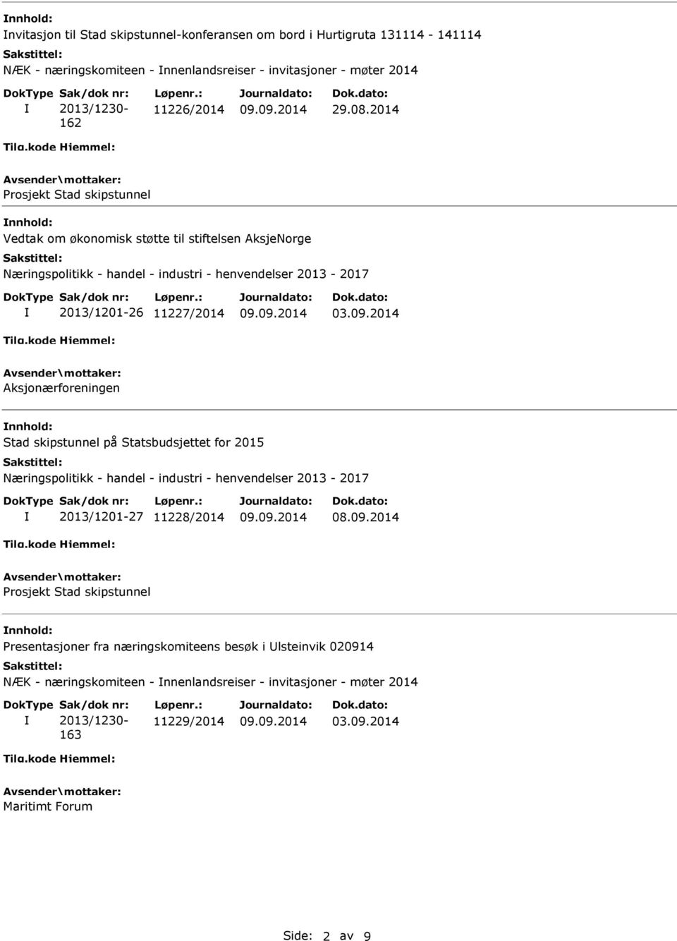 2014 Aksjonærforeningen Stad skipstunnel på Statsbudsjettet for 2015 Næringspolitikk - handel - industri - henvendelser 2013-2017 2013/1201-27 11228/2014 08.09.